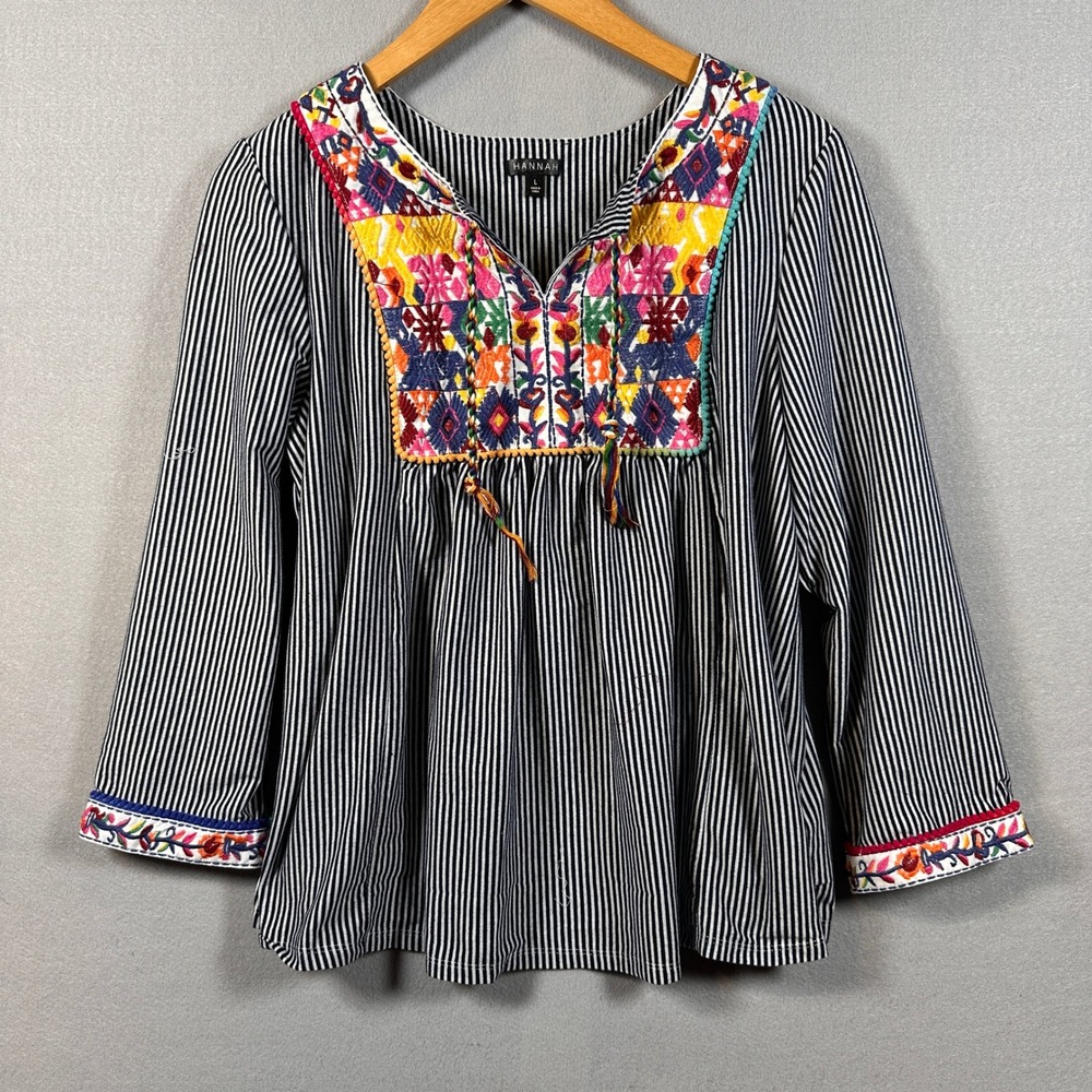 Hannah Embroidered Peasant Blouse Black White Striped Tassel Boho Top Large